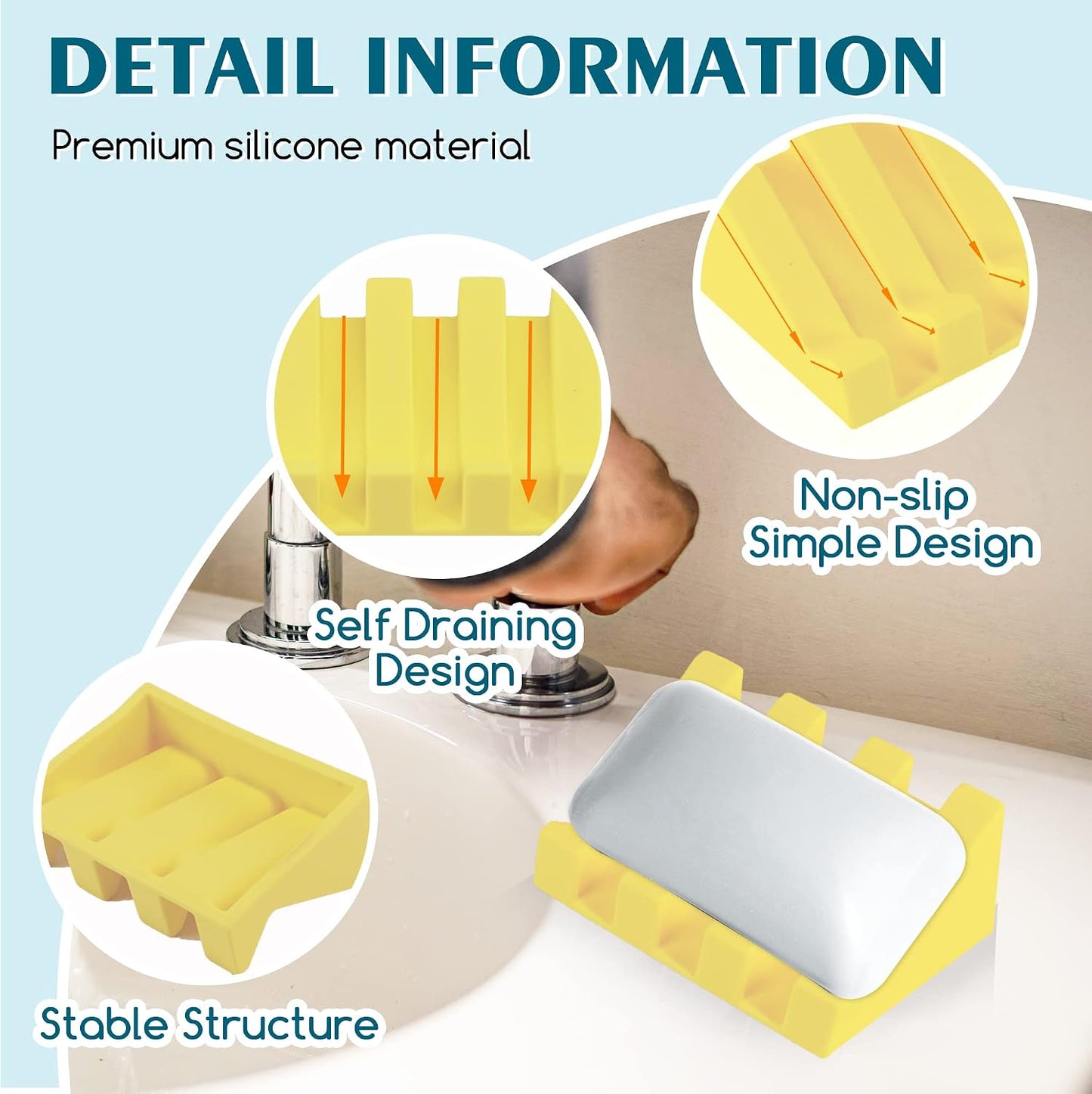 Self Draining Silicone Soap Dish Holder Waterfall Tray, 2 Pack Black | Waterfall design drains fast to keep soap dry, non-slip silicone base anti slide, soap saver for bathroom & kitchen