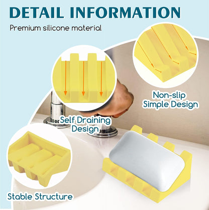 Self Draining Silicone Soap Dish Holder Waterfall Tray, 2 Pack Black | Waterfall design drains fast to keep soap dry, non-slip silicone base anti slide, soap saver for bathroom & kitchen