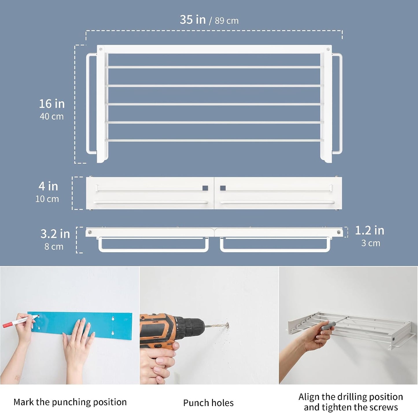 Wall Mounted Drying Rack, 31.5" Foldable Laundry Drying Rack, 60lbs Capacity, Retractable Clothes Drying Rack with Hooks, Space Saving Drying Rack for Laundry Room, Apartment
