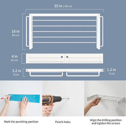 Wall Mounted Drying Rack, 31.5" Foldable Laundry Drying Rack, 60lbs Capacity, Retractable Clothes Drying Rack with Hooks, Space Saving Drying Rack for Laundry Room, Apartment