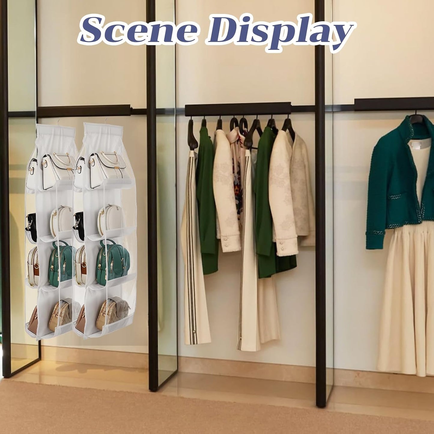 3Pack Hanging Handbag Organizer for Closet – 8 Clear PE Pockets, Space-Saving Purse Storage Holder (White, 41” x 13.5”)