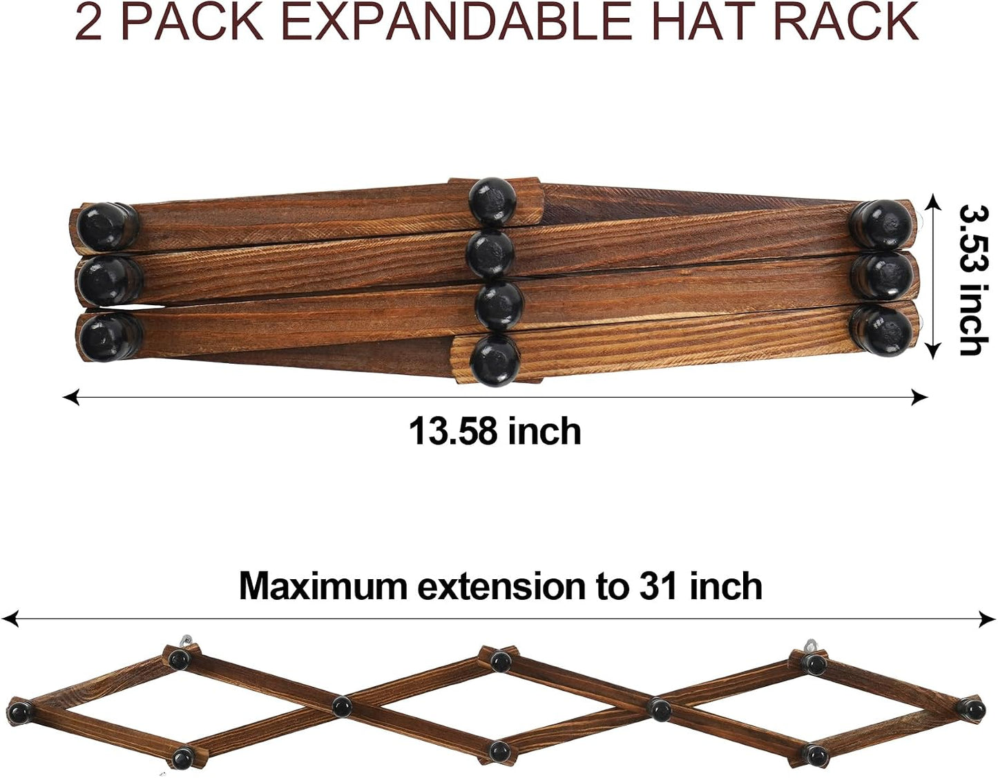 WGFKVAS 2 Pack Accordion Hat Rack for Wall - Expandable Coat Rack & Wall Mounted Hat Holder - Wooden Wall Hanger with 10 Peg Hooks for Coats, Baseball Caps, Keys & Mugs