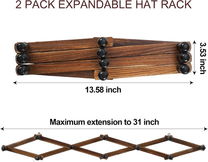 WGFKVAS 2 Pack Accordion Hat Rack for Wall - Expandable Coat Rack & Wall Mounted Hat Holder - Wooden Wall Hanger with 10 Peg Hooks for Coats, Baseball Caps, Keys & Mugs