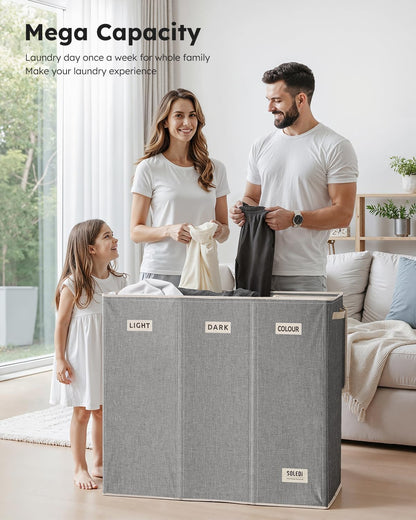 SOLEDI 180L Laundry Hamper 3 Section, Extra Large Laundry Hamper with Lid, Dirty Clothes Hamper with Sturdy Handle, Large Laundry Basket Organizer for Laundry Room, Bedroom, Hampers for Laundry