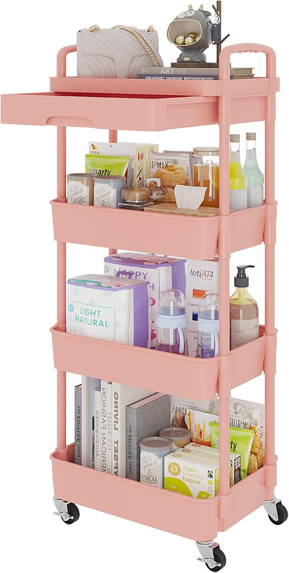 Calmootey 3-Tier Rolling Utility Cart with Drawer,Multifunctional Storage Organizer with Plastic Shelf & Metal Wheels,Storage Cart for Kitchen,Bathroom,Living Room,Office,White