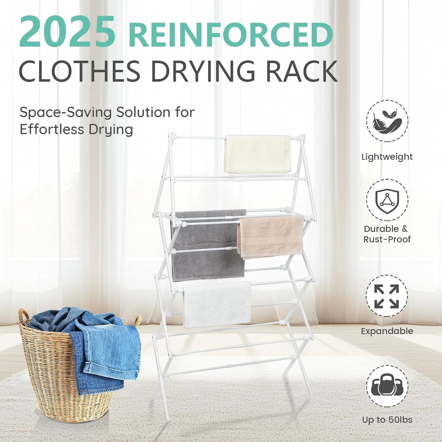 ZOES HOMEWARE 4 Tier Clothes Drying Rack Foldable | Foldable Clothing Drying Rack | Laundry Drying Rack Collapsible for Laundry Room, Dorm, Expandable Sturdy Metal Design | Black 29"L x 11.5"W x 53"H