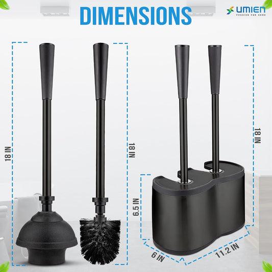 UMIEN Toilet Brush and Plunger Set 18-in - Updated 2025 No-Rust - Stainless Steel Design - Long Handles - with Freestanding Canister