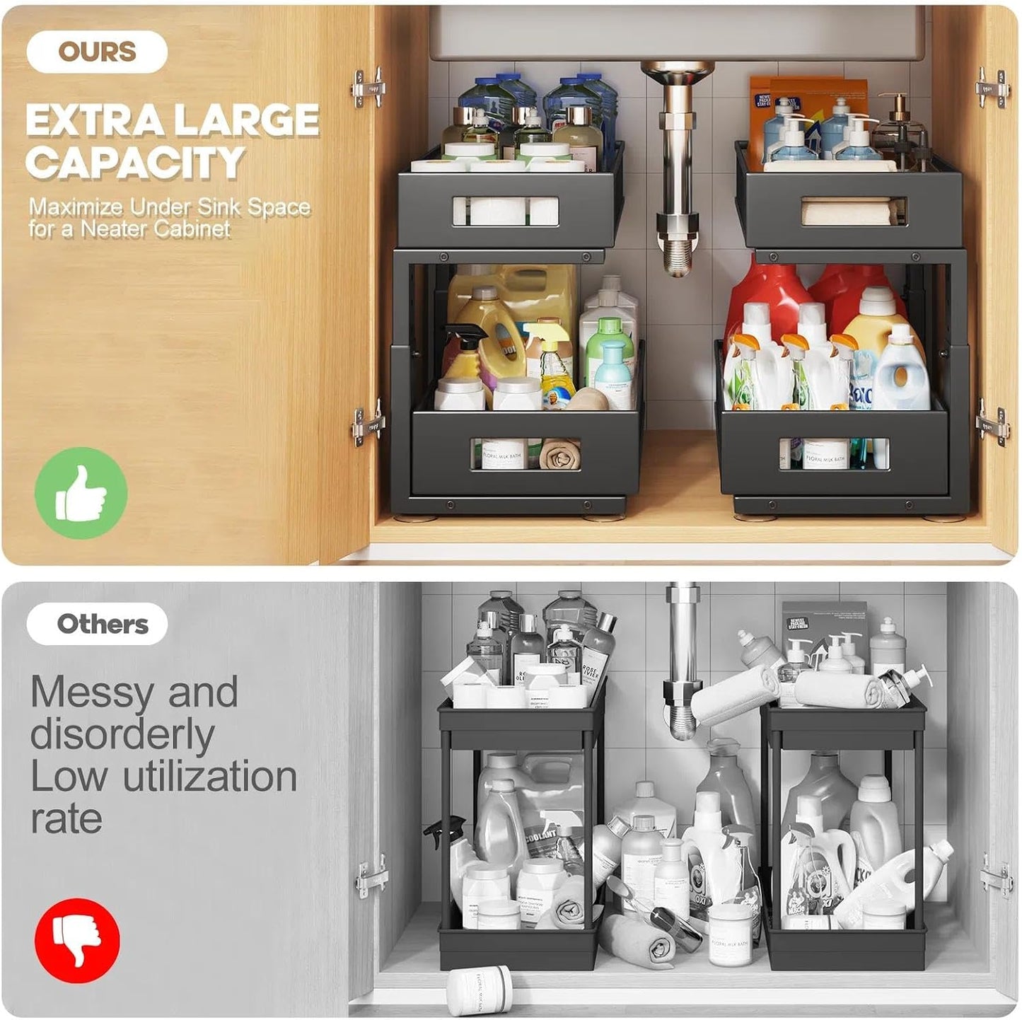 Under Sink Organizer, 2-Tier Dual Pull Out Cabinet Organizer Drawers With Smooth Circular Rail, Large Capacity Metal Mesh Sliding Shelves For Bathroom& Kitchen Storage,Height Adjustable–White,2 Packs
