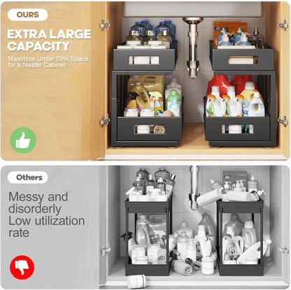 Under Sink Organizer, 2-Tier Dual Pull Out Cabinet Organizer Drawers With Smooth Circular Rail, Large Capacity Metal Mesh Sliding Shelves For Bathroom& Kitchen Storage,Height Adjustable–White,2 Packs