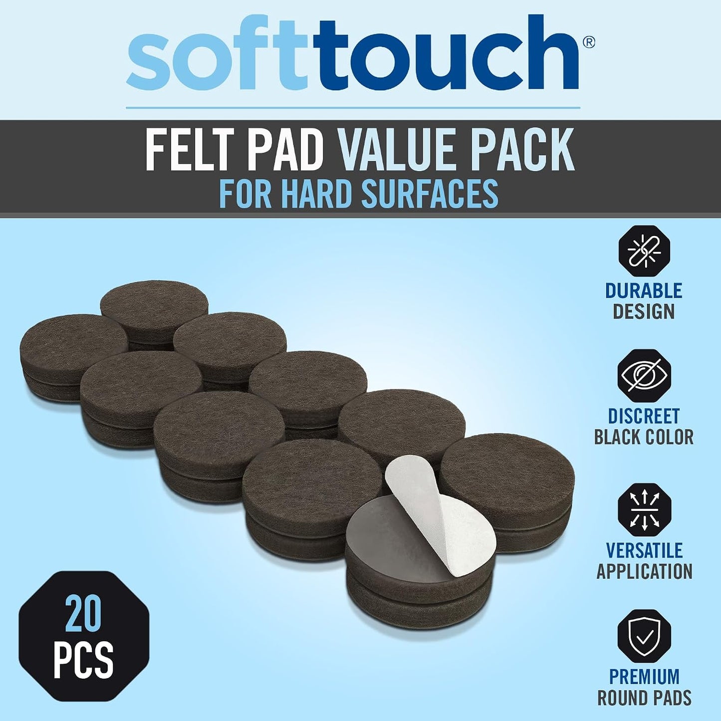 SoftTouch 3/4" Round Reusable Felt Furniture Sliders for Hard Surfaces, Noise-Reducing Adhesive Furniture Moving Pads for Beds, Sofas, Dressers, Set of 20, Black