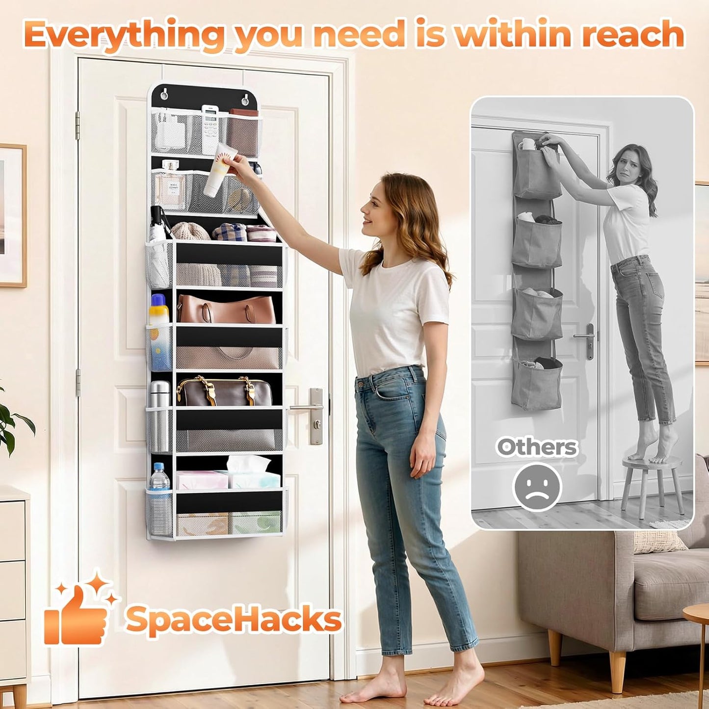 SpaceHacks 5-Tier Over the Door Organizer with Mesh Pockets, Baby Nursery Storage for Closet, Bathroom and Bedroom, Adjustable Hanging Closet Organizer for Cosmetics, Books and Essentials (Dark Grey)