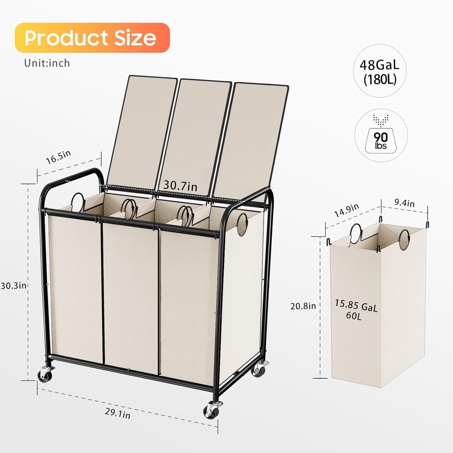 180L (47.55 Gal) Laundry Sorter 3 Section, Rolling Laundry Basket with Lockable Wheels and Lid, Laundry Hamper with 3 Separated Removable Bags Dirty Clothes Hamper for Laundry Room Organizer, Black