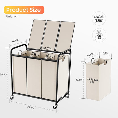 180L (47.55 Gal) Laundry Sorter 3 Section, Rolling Laundry Basket with Lockable Wheels and Lid, Laundry Hamper with 3 Separated Removable Bags Dirty Clothes Hamper for Laundry Room Organizer, Black
