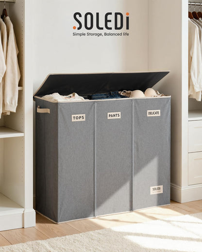 SOLEDI 180L Laundry Hamper 3 Section, Extra Large Laundry Hamper with Lid, Dirty Clothes Hamper with Sturdy Handle, Large Laundry Basket Organizer for Laundry Room, Bedroom, Hampers for Laundry
