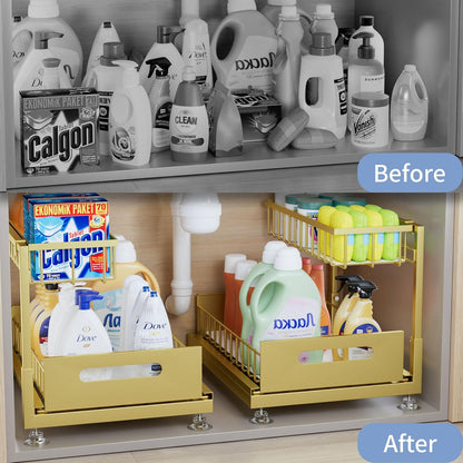 Saydear Under Sink Organizer Storage 2-Tier Premium Metal Pull-Out Kitchen Cabinet Organizer with Sliding Drawer, Height Adjustable, Heavy Duty for Kitchen & Bathroom Organizers 2 Pack Black