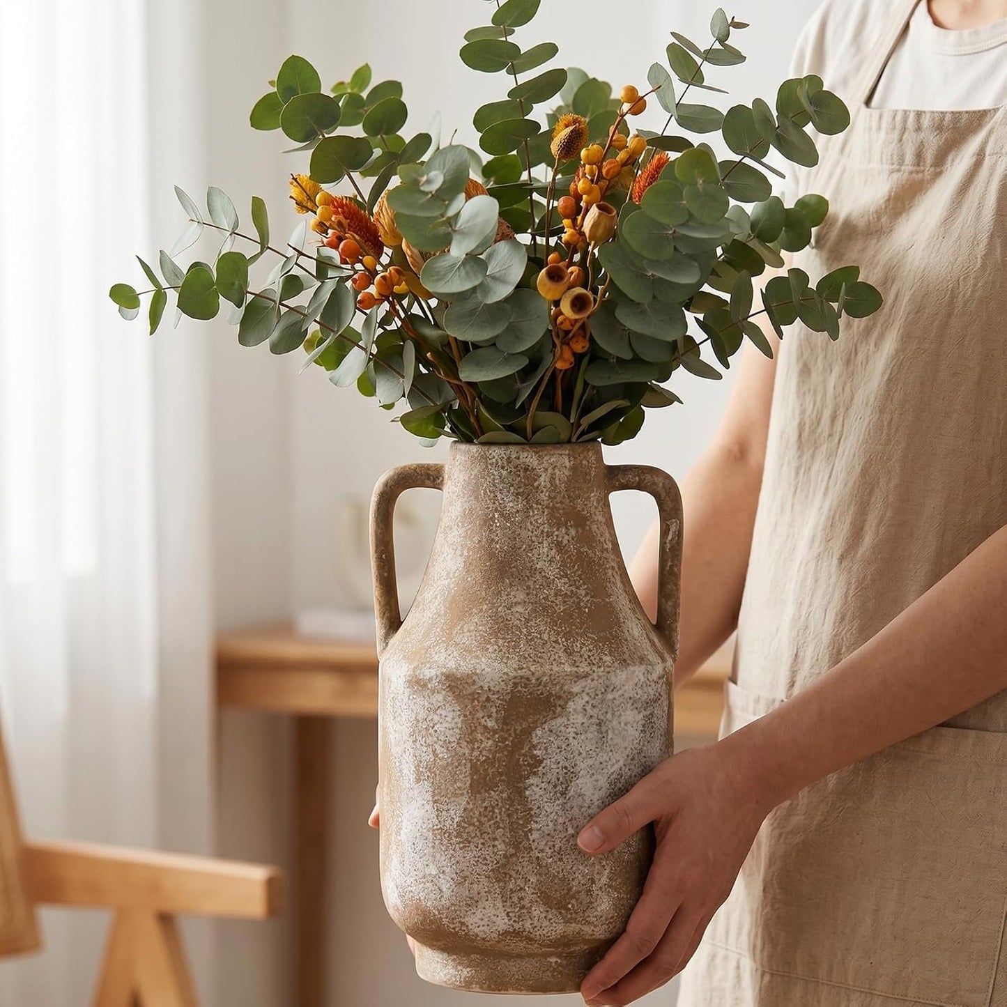 CUCUMI Ceramic Vase Set of 5, Home Decor Farmhouse Décor Handmade Pottery Vases for Pampas Grass, Dried Fresh Flowers, Table, Living Room, Kitchen, Shelf, Entryway Mantel Neutral Tones