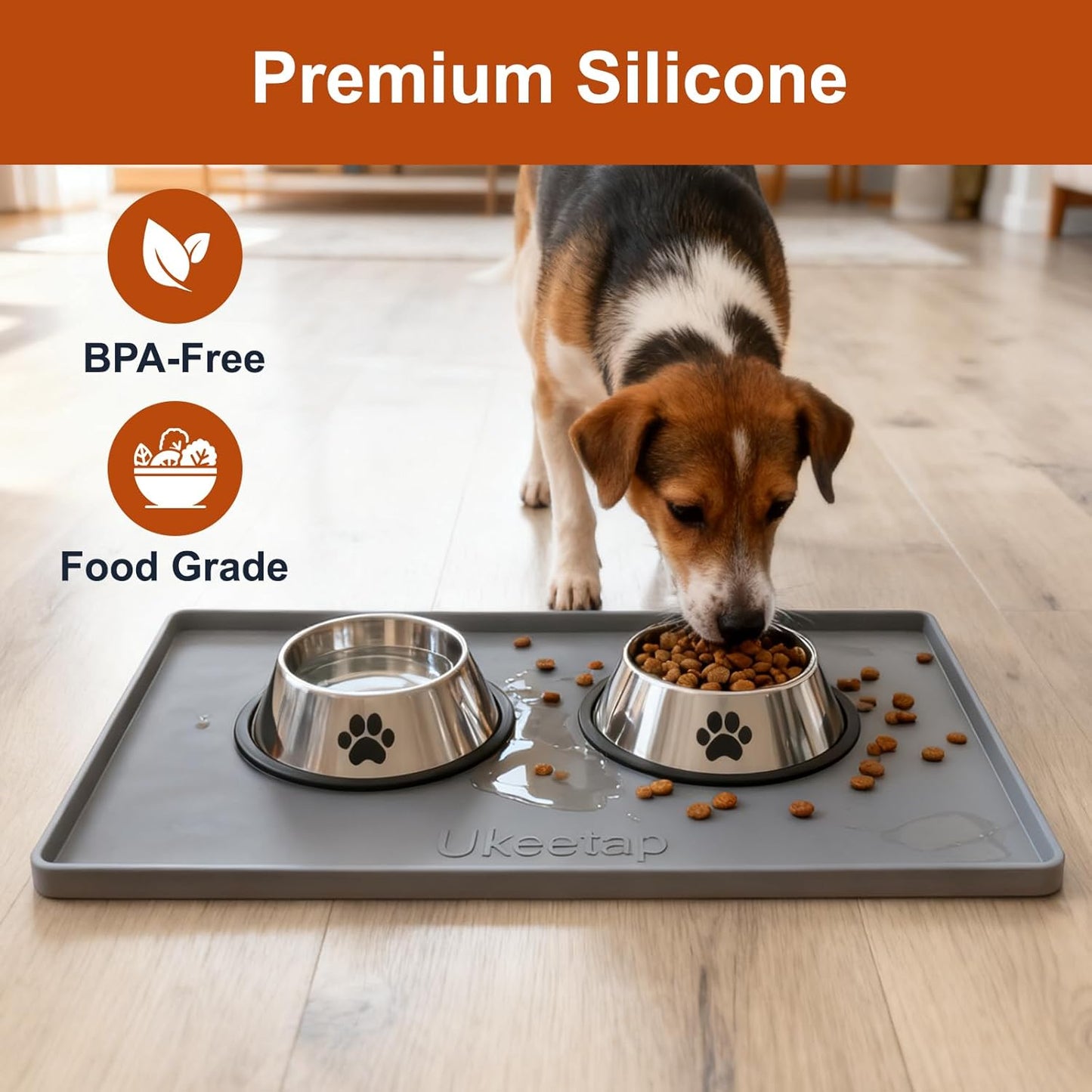 ukeetap Extra Thick Silicone Mat Waterproof with Raised Edge 19” x 12”, BPA Free Non-Slip Dog & Cat Food Mat, Feeding Mat for Food and Water Bowls, Spill Proof Mat to Protect Floors, Black