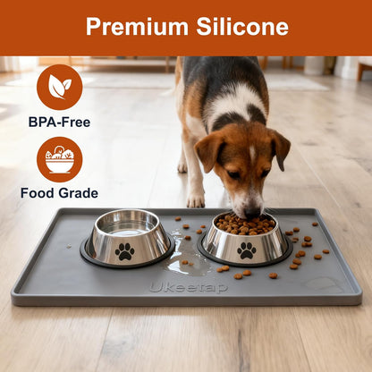 ukeetap Extra Thick Silicone Mat Waterproof with Raised Edge 19” x 12”, BPA Free Non-Slip Dog & Cat Food Mat, Feeding Mat for Food and Water Bowls, Spill Proof Mat to Protect Floors, Black