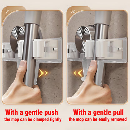 4 Pack Broom Holder Mop Hanger Wall Mount, No Drill Suction Cup Mop and Broom Organizer with Hooks, Space Saving Adjustable Rack Removable Mop Clip for Bathroom, Kitchen, Garage, Laundry Room
