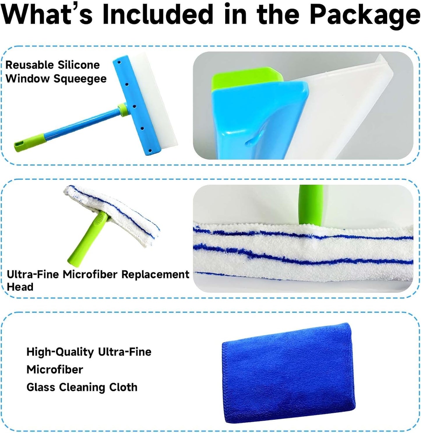 Recyclable Silicone Window Squeegee Kit – 3-in-1 Glass Cleaning Tool with Microfiber Scrubber for Windows, Shower, Mirrors, Doors & Cars (1 Set, Green)