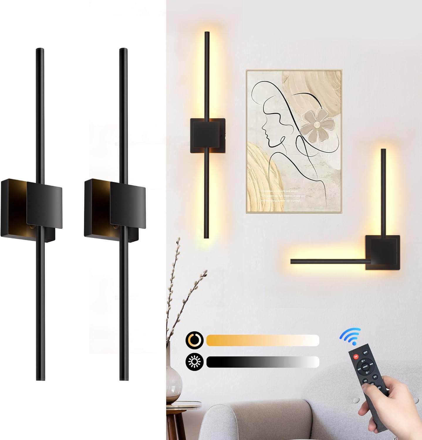 Torchlet Battery Operated Wall Sconces Set of 2 with Remote Control,DIY Independent Rotation Picture Lights,3000K-6000K Dimmable LED Rechargeable Wall Lights for Living Room Bedroom, 28.3'' Gold