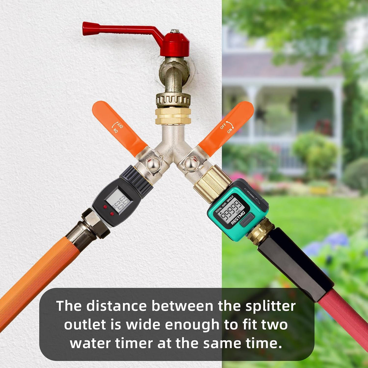 Hose Splitter 2 Way, High Flow Garden Hose Splitter, 3/4” Ght Inlet Brass Heavy Duty Hose Converter, Full Flow water 2 Way Faucet hose splitter, Long Handle Hose Valve Large Outlet.