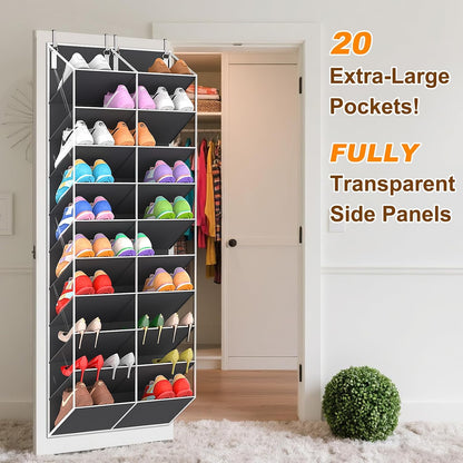 UVIAHOMI 20-30 Pairs Over the Door Shoe Organizer, Clear Pockets Hanging Shoe Storage for Closet, 10-Tier Door Shoes Rack, Handing Shoes Holder Fit All the Family's Sneakers, Boots, Heels, White