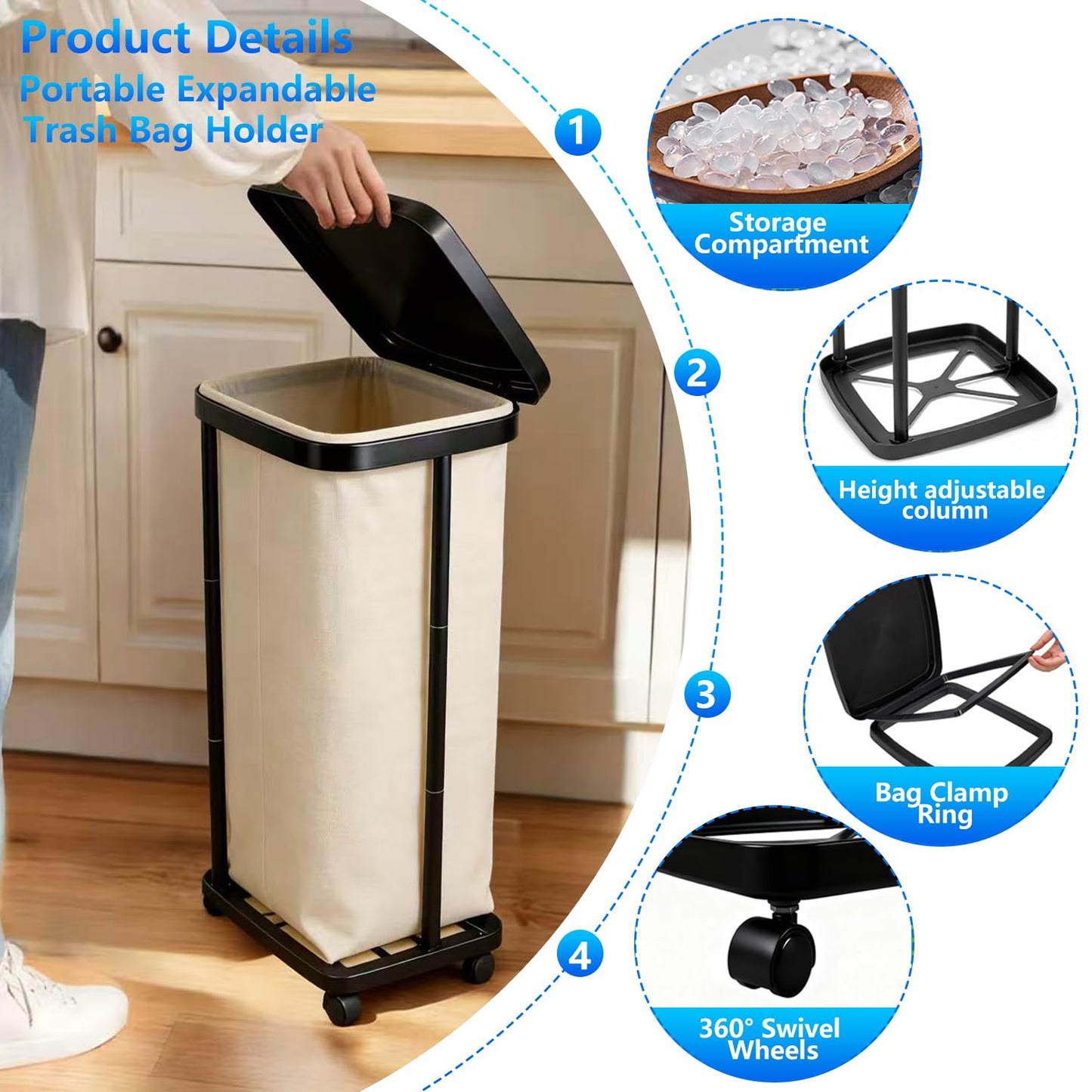 Foldable Trash Bag Holder with Cover and 4 Wheels - 3 Level Adjustable Height Plastic Trash Bag Holder, 13 Gallon Trash Can, for Kitchen Camping Yard RV Indoor Outdoor