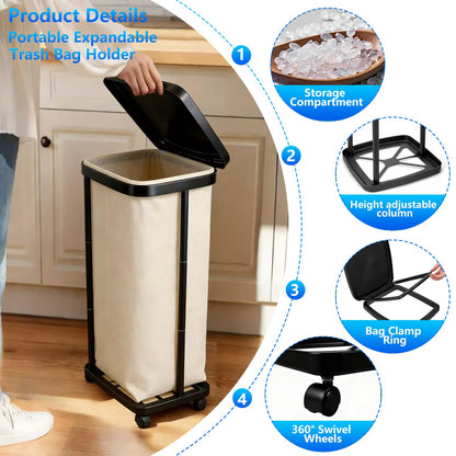 Foldable Trash Bag Holder with Cover and 4 Wheels - 3 Level Adjustable Height Plastic Trash Bag Holder, 13 Gallon Trash Can, for Kitchen Camping Yard RV Indoor Outdoor
