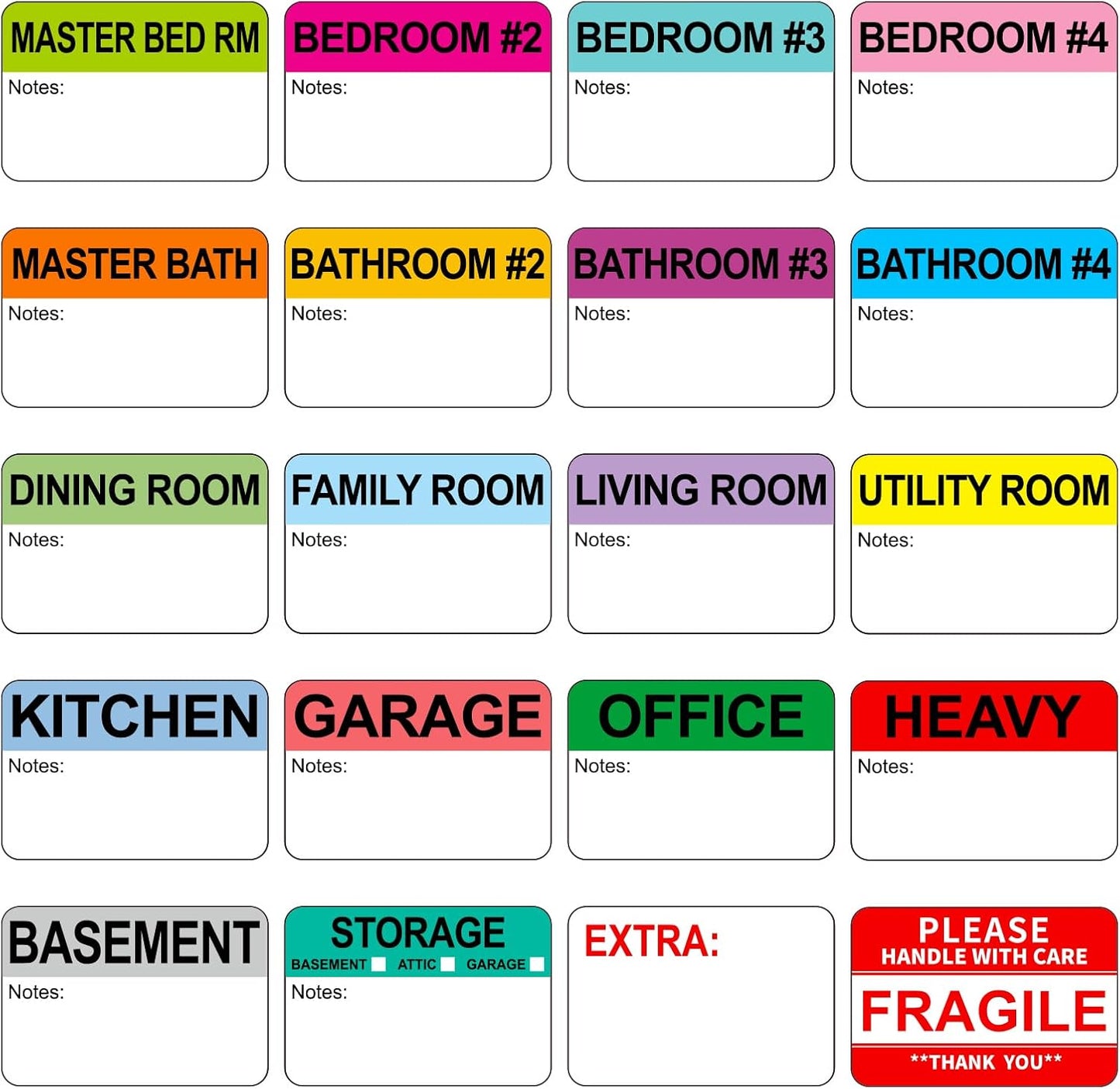 960 Count Home Moving Labels,16 Rolls Different Color Coding Moving Labels for Boxes Stickers + Fragile Moving Stickers + 1 Blank Label Roll for Customized Use