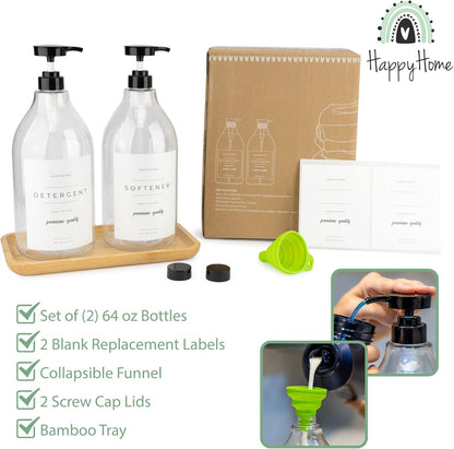 Laundry Detergent Dispenser - Fabric Softener Liquid Dispenser for Laundry Room - 64oz Plastic Soap Dispenser, Waterproof Labels, Collapsible Funnel, Extra Labels, Measuring Cup&Bamboo Tray - Set of 2