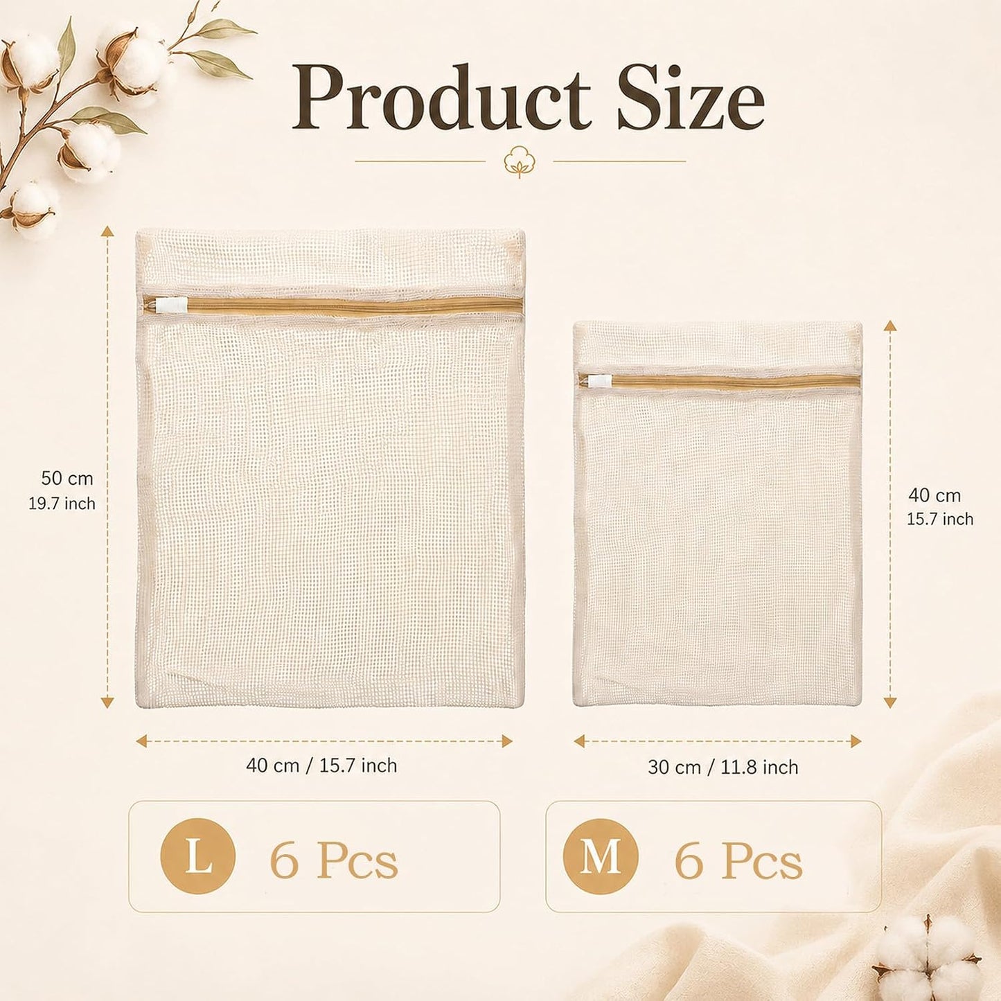 12 Pcs Organic Cotton Mesh Laundry Bags for Delicates | 6 Large & 6 Medium Size Durable Mesh Wash Bags with Sturdy Zipper and Breathable Mesh for Underwear, Clothes, Shoes, Socks