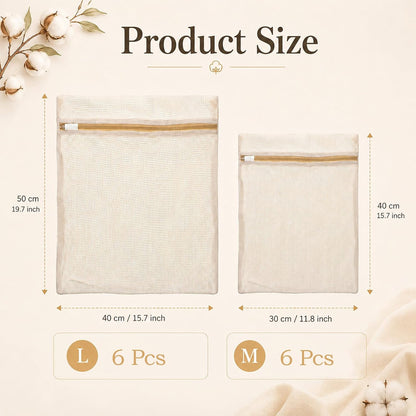 12 Pcs Organic Cotton Mesh Laundry Bags for Delicates | 6 Large & 6 Medium Size Durable Mesh Wash Bags with Sturdy Zipper and Breathable Mesh for Underwear, Clothes, Shoes, Socks