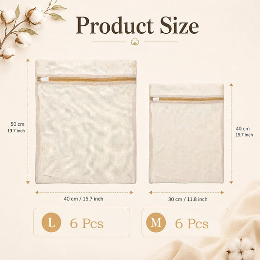 12 Pcs Organic Cotton Mesh Laundry Bags for Delicates | 6 Large & 6 Medium Size Durable Mesh Wash Bags with Sturdy Zipper and Breathable Mesh for Underwear, Clothes, Shoes, Socks