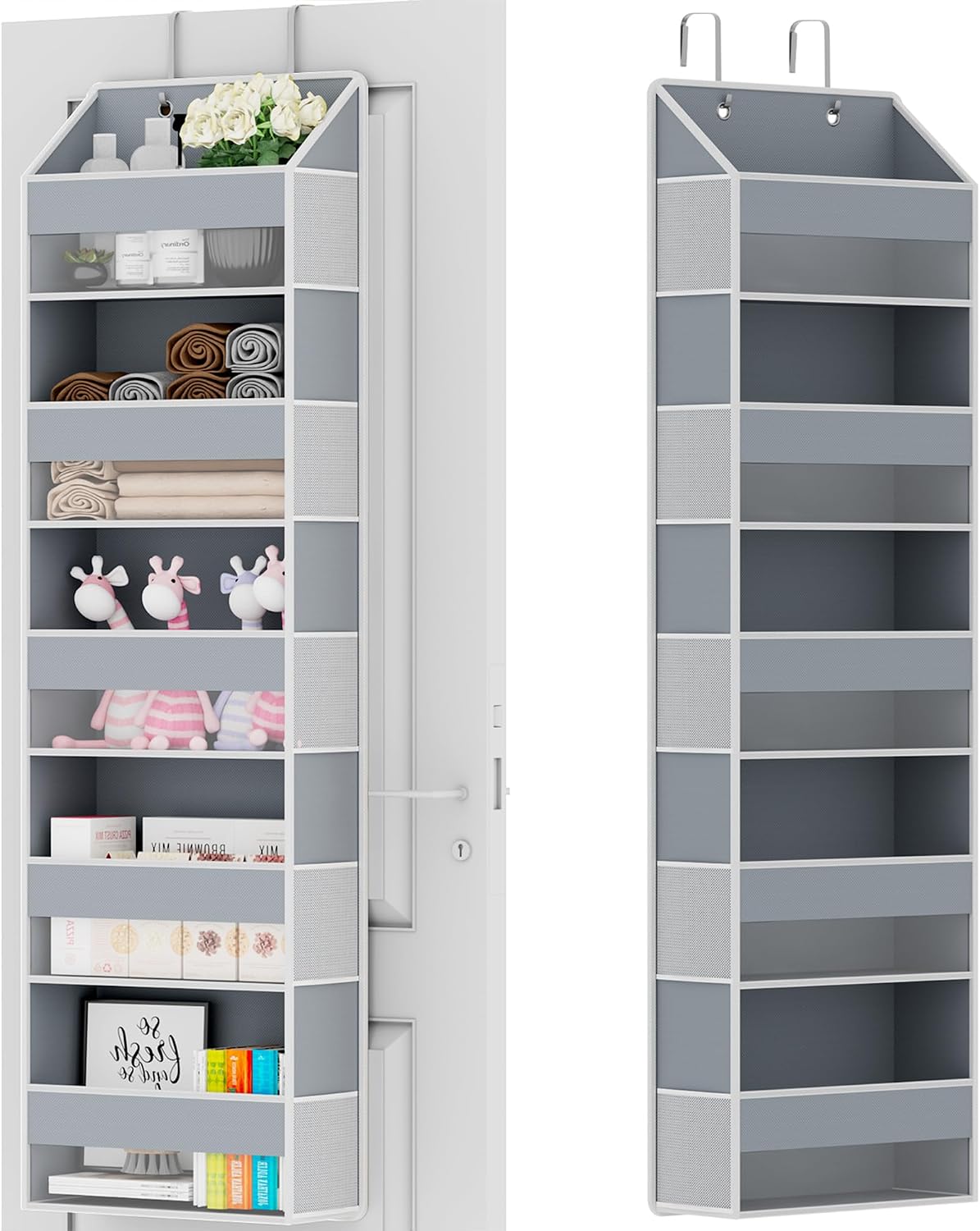 Over The Door Organizer - Over Door Storage Organizer with 5 Large Pockets & 10 Mesh Side Compartments - Heavy-Duty Hanging Storage for Bathroom, Bedroom & Closet - Baby Room Organize - Grey