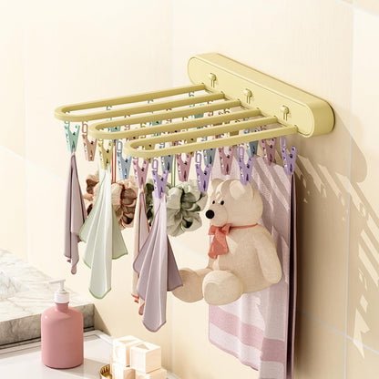 Clothes Drying Rack Wall Mounted, Clothes Drying Rack Folding Indoor with Clip, Balcony Drying Rack Dryer, Space Saver for Socks, Underwear, Rags, Towels