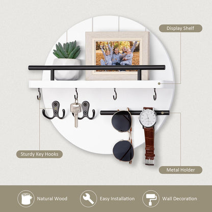 Nekon Key Holder Wall Mount, 11.8 Inch Rack With Shelf and 6 Hooks, Rustic Mail Organizer, Circular Wooden Hanger for Entryway Hallway Kitchen (Brown&Gold)