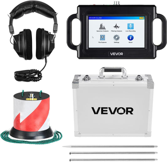 VEVOR Pipe Water Leak Detector for Outdoors, 1Hz-10000Hz, 7" Touchscreen Water Leakage Detection Locator for 16.4FT (5m) Underground Plumbing - with Medium Sensor, 3 Listening Rods, Headphone & Case