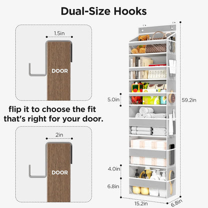 6 Tiers Over The Door Organizer, Heavy Duty Hanging Organizer Storage with Large Capacity Pockets, Behind Door Storage Hanging Shelves for Closet Wall Bathroom Bedroom Nursery Pantry, 1 Pack Grey