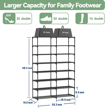 3 Row 4 Tier Long Shoe Rack, Black Metal Stackable Shoe Shelf with Multifunctional Hooks, Shoe Storage Hold 24-30 Pairs, Space Saving Shoe Organizer for Closet,Wide Shoe Rack