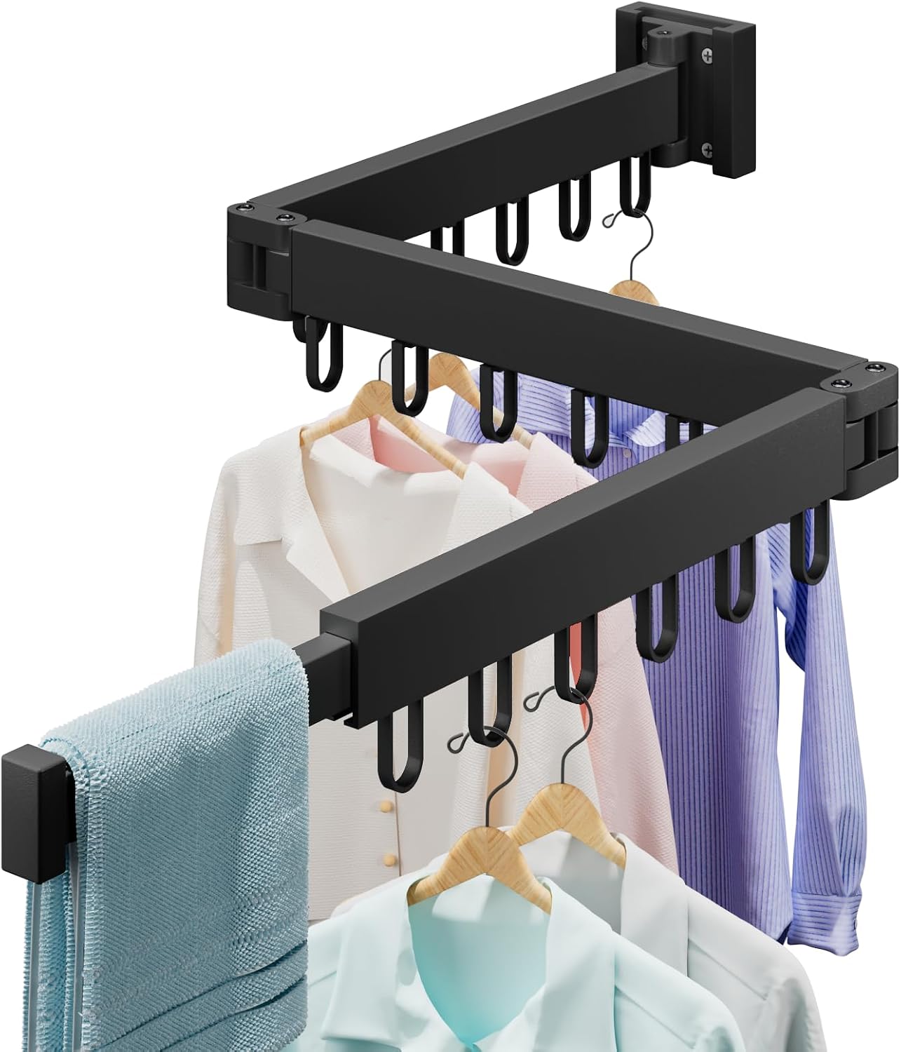 Abiglifty Clothes Drying Rack Wall Mounted, Laundry Drying Rack Collapsible, Foldable & Retractablewith 18 Hooks for Indoor/Outdoor Use inLaundry Room, Bathroom & Balcony (White)