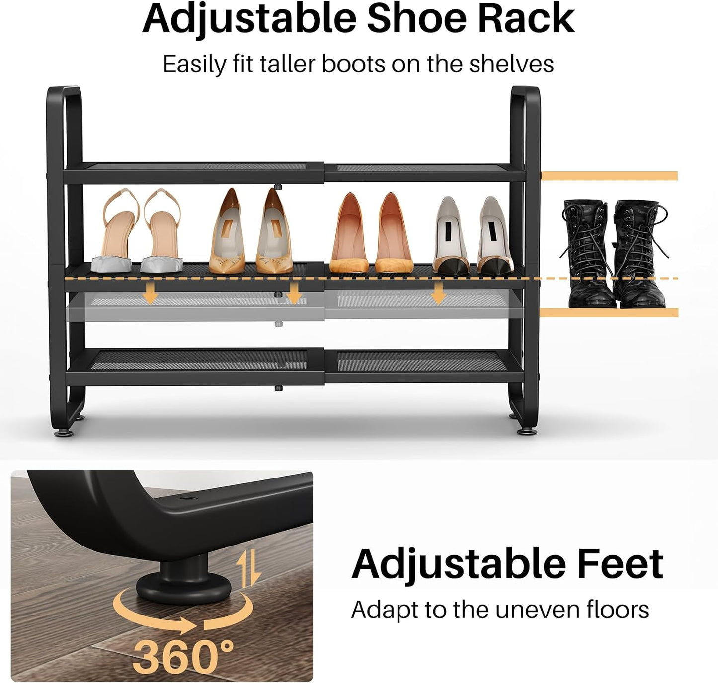 SNTD Shoe Rack - Expandable Shoe Organizer for Closet, Adjustable Metal Shoe Shelf Storage, Stackable Long Shoe Stand Holder for Garage, Entryway, Door Entrance (Black, 2-Tier)