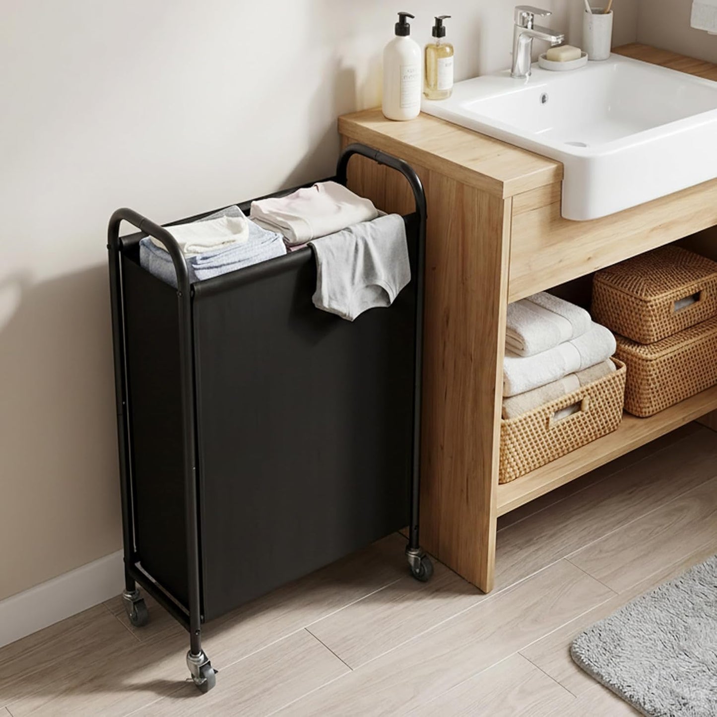 GRANNY SAYS 2 Section 130L Laundry Sorter, Large Laundry Hamper Basket with Wheels and Handles, Durable and Sturdy Rolling Cart for Laundry Room, Hotel, Bedroom, Beige