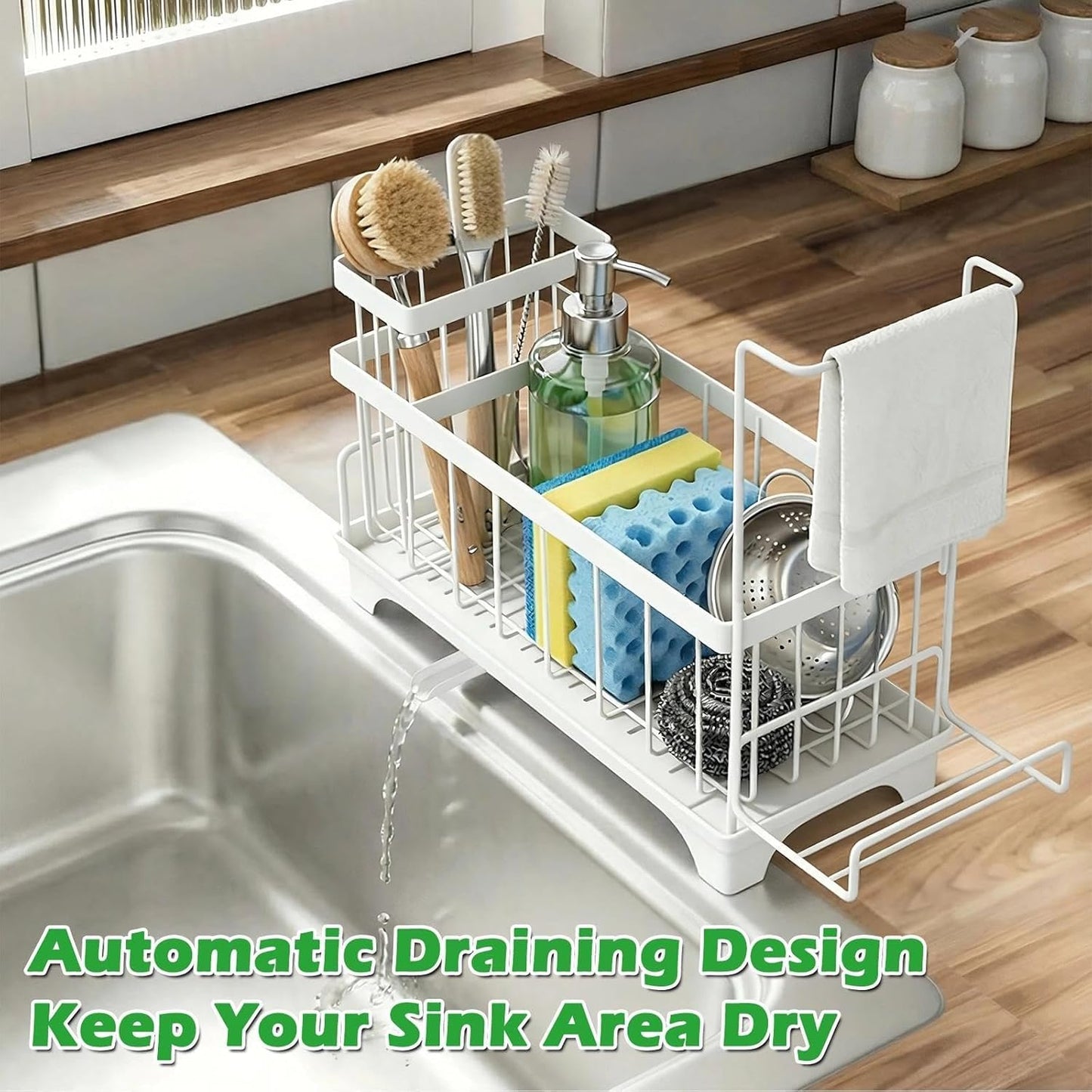 Sponge Holder for Kitchen Sink, Sink Caddy Organizer with Detachable Cloth & Brush Holder, Self-Draining Sponge Caddy Organizer with 360° Rotatable Spout, Kitchen Countertop Storage Accessories(Black)