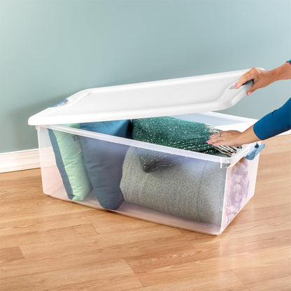 Sterilite 4-Pack 56 Quart Wheeled Latching Box, Underbed Clear Plastic Storage Organizer - Under Bed Rolling Container Bin with Lid and Wheels for Home or Dorm Bedrooms and Closets