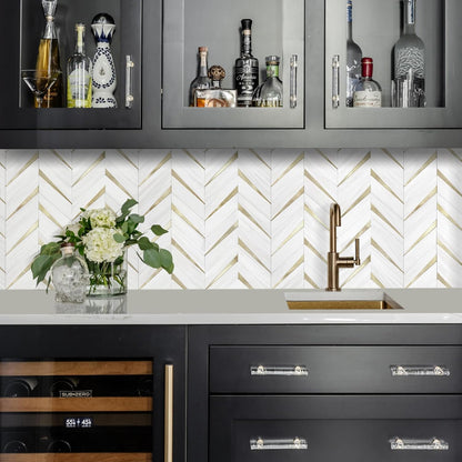 STICKGOO 10-Sheet Herringbone Tile Peel and Stick Backsplash, Beige Mixed Metal Gold PVC Stick on Backsplash, Self Adhesive Wall Tile for Kitchen and Bathroom