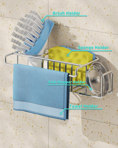 HapiRm 4 in 1 Sink Caddy Sponge Holder, SUS304 Stainless Steel Kitchen Brush Holder and Dish Cloth Hanger, Kitchen Organizers and Storage Essentials - Silver