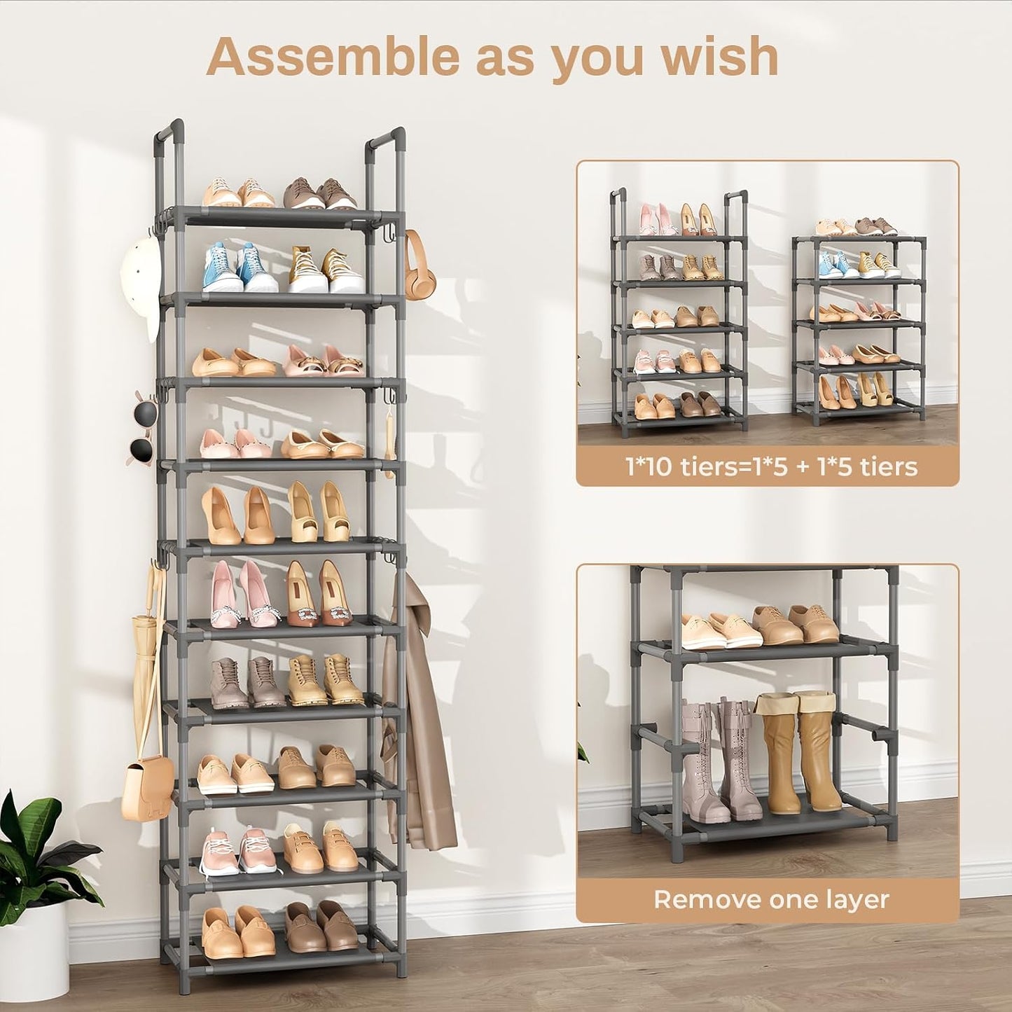 VTRIN 10 Tiers Tall Shoe Rack Holds 20-25 Pairs of Shoes Sturdy Vertical Shoe Organizer with 18pcs Hooks Stackable Narrow Shoe Rack for Closet, Entryway Black