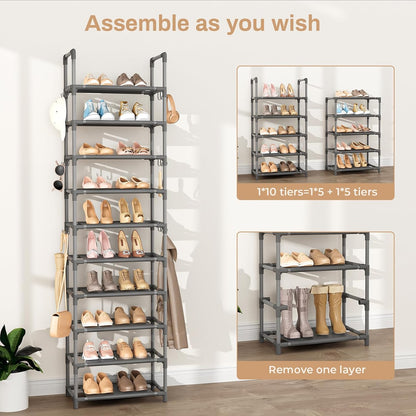 VTRIN 10 Tiers Tall Shoe Rack Holds 20-25 Pairs of Shoes Sturdy Vertical Shoe Organizer with 18pcs Hooks Stackable Narrow Shoe Rack for Closet, Entryway Black