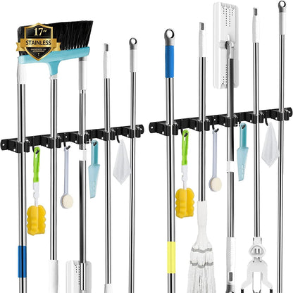 AceMining Broom Holder Wall Mount, 3 Racks 4 Hooks Heavy Duty Mop Organizer | Mop Holder Wall Mount and Broom Hanger for Garage, Laundry Room, Kitchen and Utility Storage